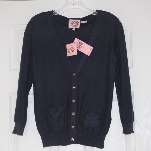 JUICY COUTURE Navy Blue Cotton Cashmere Cardigan Sweater Crown Button Front Sz S - Picture 1 of 8